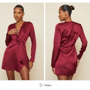 NWOT-Burgundy Satin Long Sleeve Wrap Dress